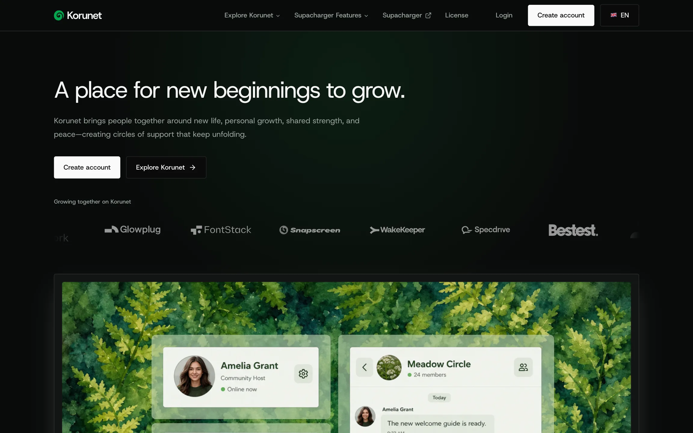 Kuronet homepage in dark mode showing its community product built with Supacharger