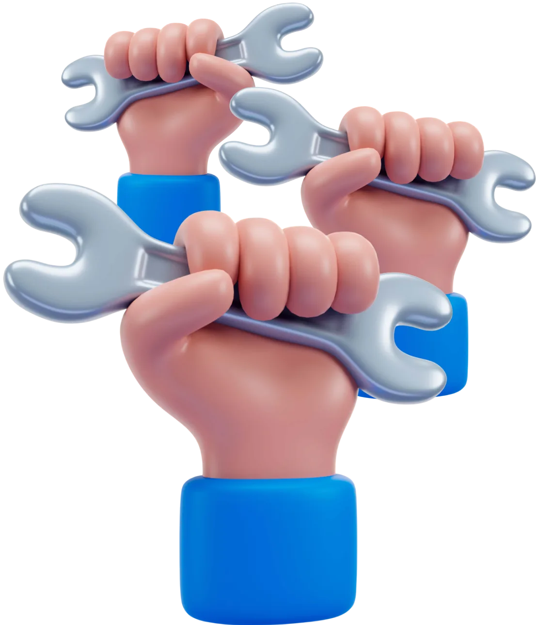 Three hands raising spanners together