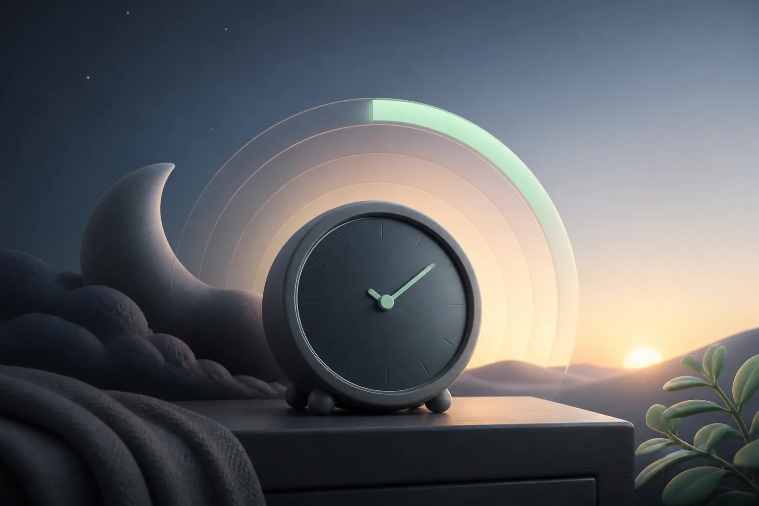 A bedside clock framed by moonlight and a soft sunrise
